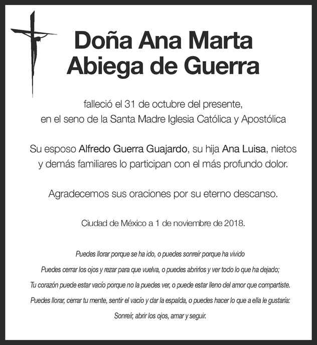 Se Ora Ana Martha Abiega De Guerra Obituario Esquela