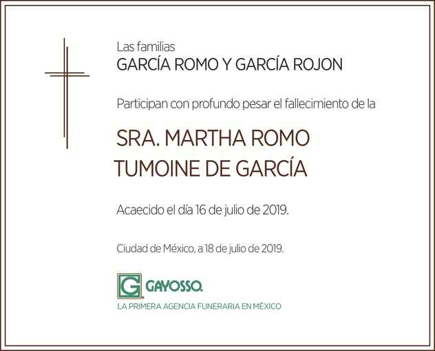 Señora Martha Romo Tumoine de García Obituario Esquela