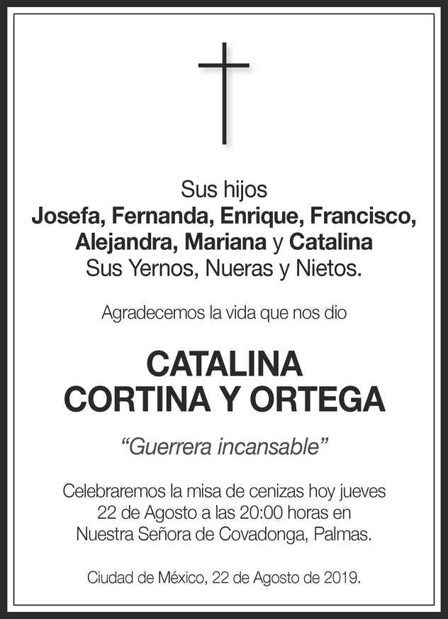 Se Ora Catalina Cortina Ortega Obituario Esquela