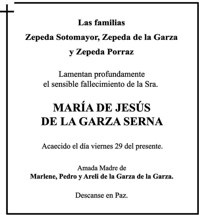 Señora María de Jesús De la Garza Serna Obituario Esquela