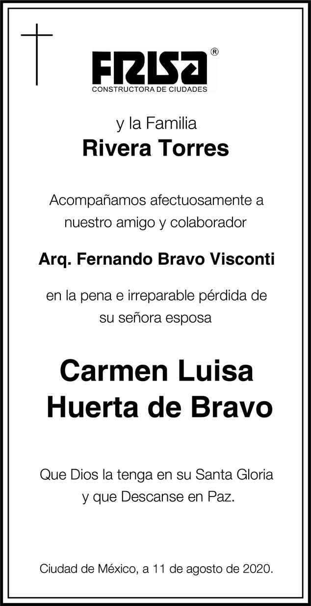 Señora Carmen Luisa Huerta de Bravo Obituario Esquela