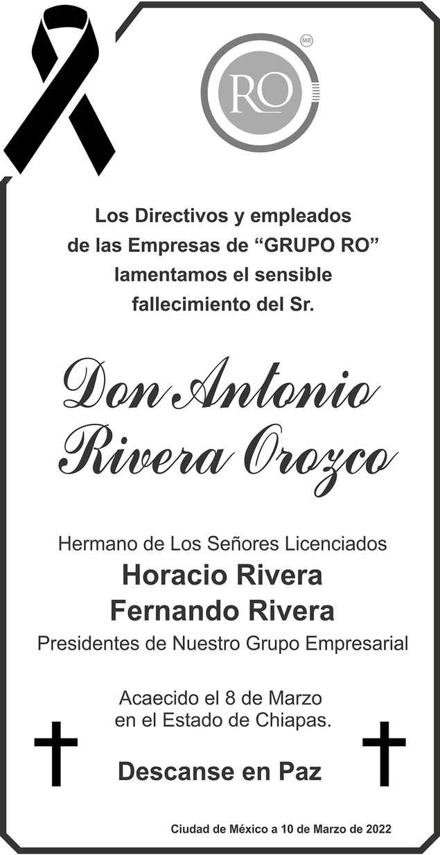 Don Antonio Rivera Orozco Obituario Esquela