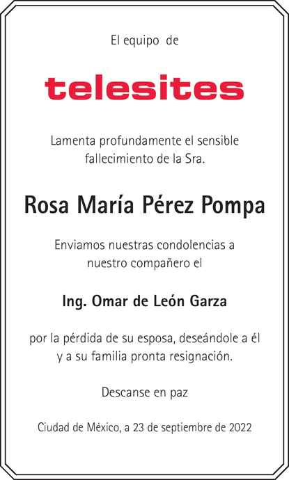 Señora Rosa María Pérez Pompa Obituario Esquela