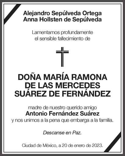 Doña Maria Ramona de las Mercedes Suarez de Fernandez Obituario Esquela