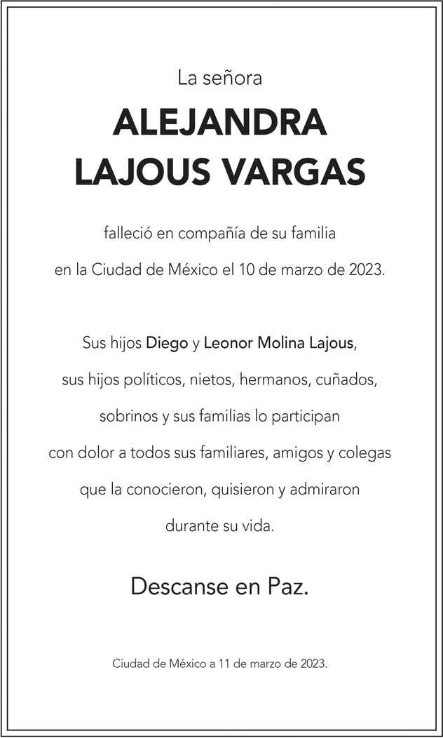 Señora Alejandra Lajous Vargas Obituario Esquela