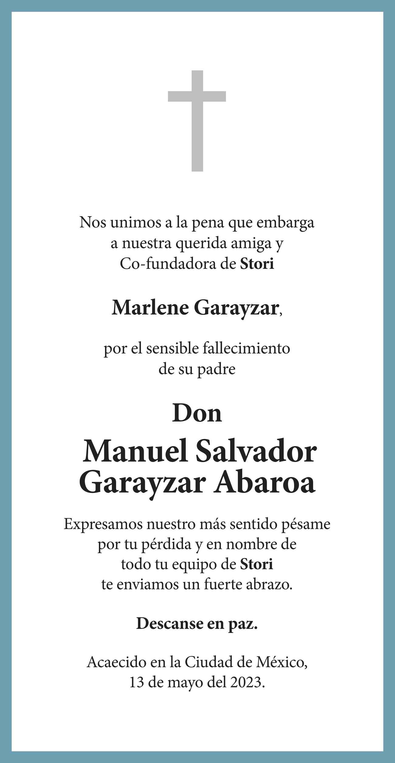 Don Manuel Salvador Garayzar Abaroa Obituario Esquela