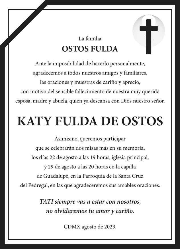 Señora Katy Fulda de Ostos Obituario Esquela