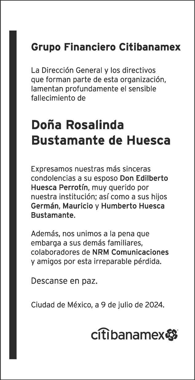 Doña Rosalinda Bustamante de Huesca Obituario Esquela