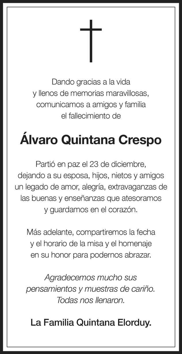 Señor Alvaro Quintana Crespo Obituario Esquela